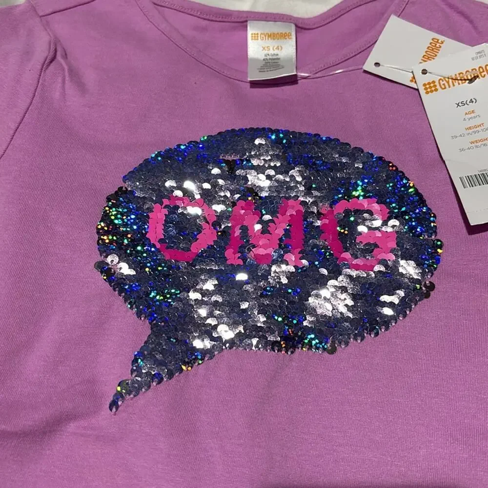 Gymboree xs 4 orchid short sleeve hi low hemline flip sequin lol/omg saying nwt